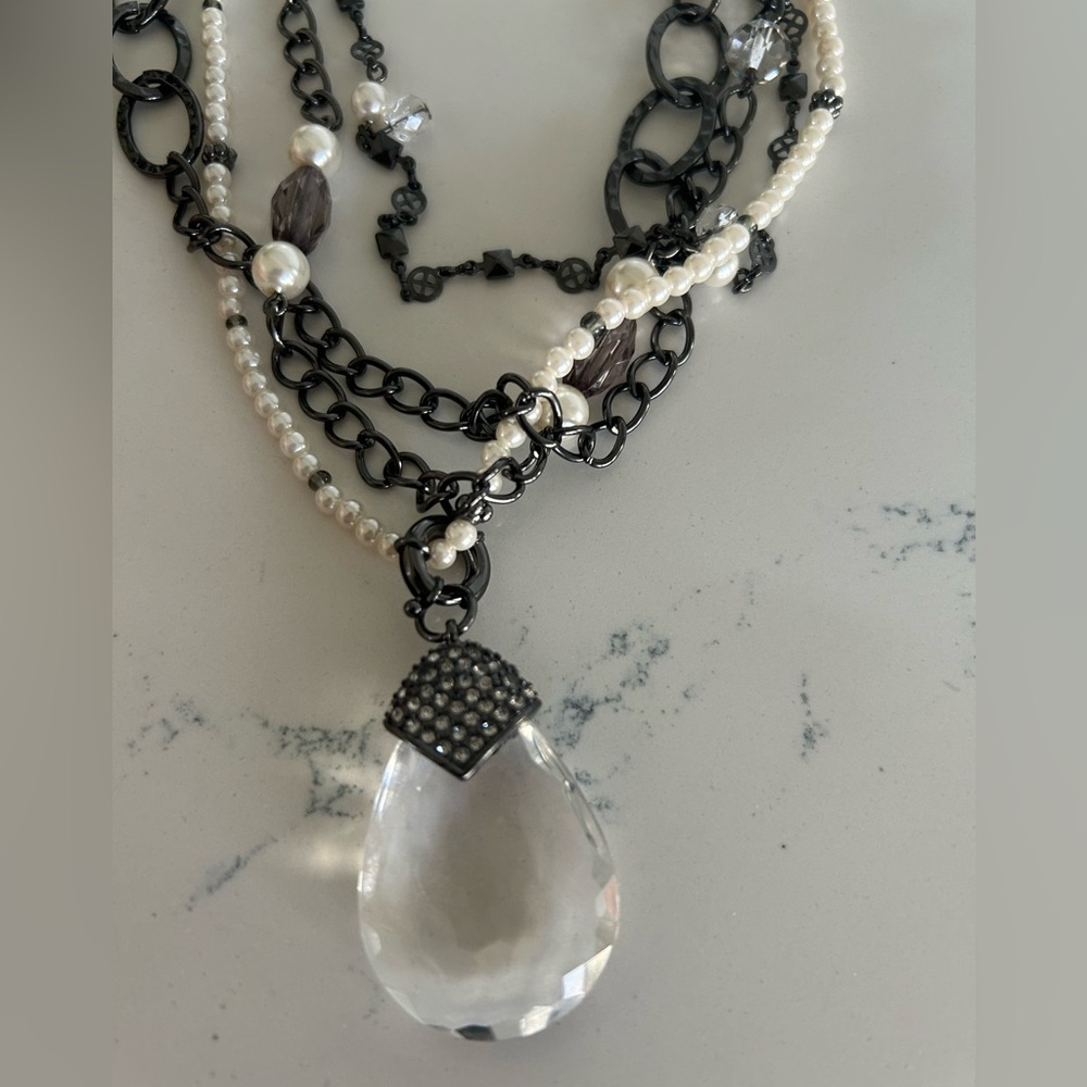 Long Multi-Strand Beaded & Hematite Necklace Black & White Premier Designs